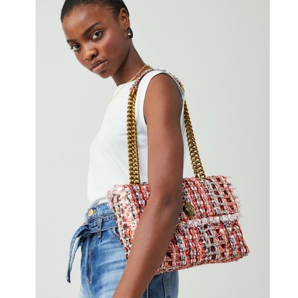 🚫SOLD🚫 Kurt Geiger XL Orange Tweed Fringe Lined Crossbody Shoulder Kensington - Picture 11 of 12